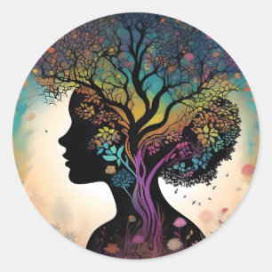 Sticker Rond Abstraite Dame Mère Nature Arbres Et Fleurs,