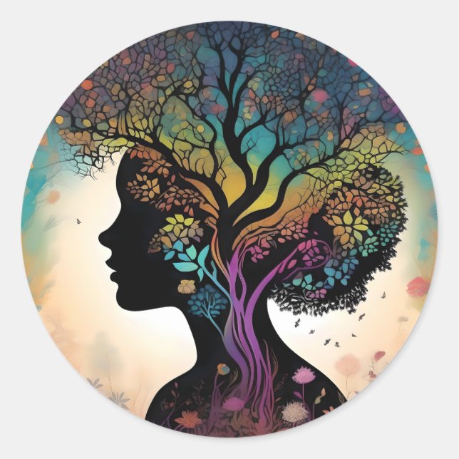 Sticker Rond Abstraite Dame Mère Nature Arbres Et Fleurs, (Devant)