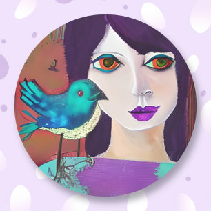 Sticker Rond Abstraite fille et oiseau pourpre et Turquoise
