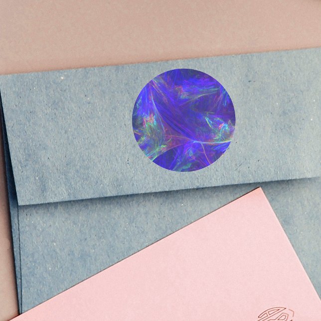 Sticker Rond Abstraits Mistes colorées bleues (Abstract design vibrant cosmic pattern in pink, blue, green on round stickers.)