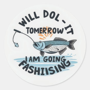 Sticker Rond Accroché à demain : une aventure de pêche fantaisi