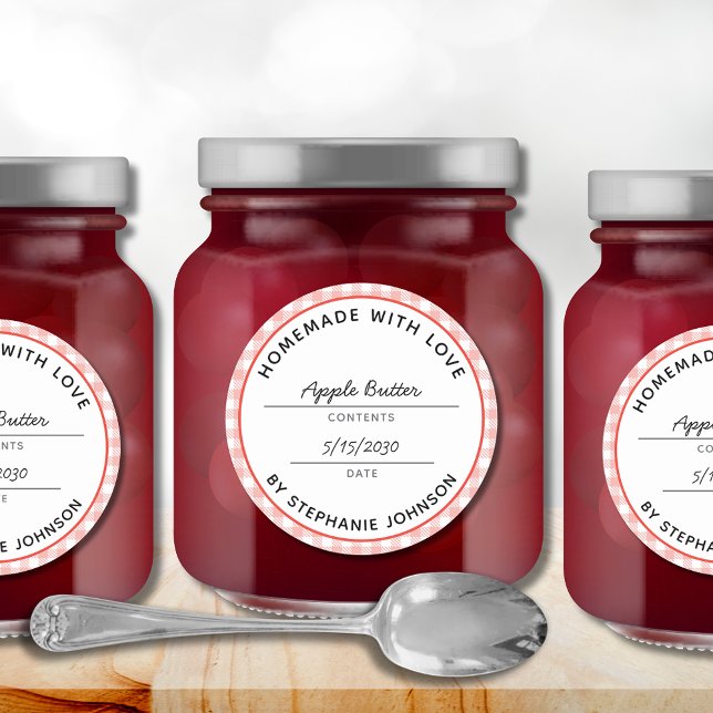 Sticker Rond Accueil Canne Nom du produit et date Red Jar Lid (Home Canning Product Name Date Red Check Jar Label Classic Round Sticker)