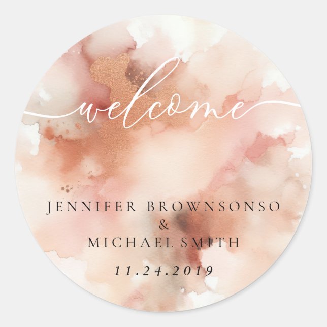 Sticker Rond Accueil du Mariage d'aquarelle RoseGold Earthtone (Devant)