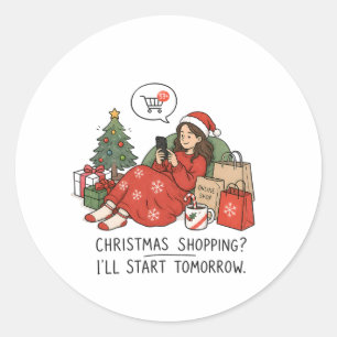 Sticker Rond Achats de Noël, je commencerai demain – Drôle