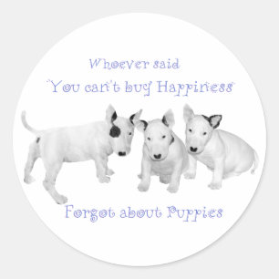 Sticker Rond Acheter du bonheur ? N'oubliez pas les chiots !