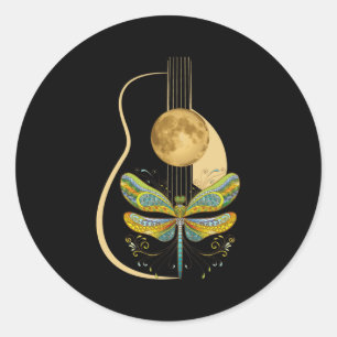 Sticker Rond Acoustic Guitar Artistic Dragonfly Music