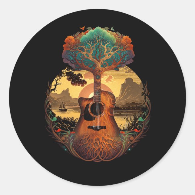 Sticker Rond Acoustic Guitar Tree By The Lake Guitarist Sunset  (Devant)