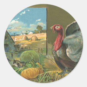 Sticker Rond Action de grâce vintage, dinde à la ferme