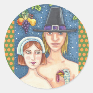 Sticker Rond ADAM & EVE PILGRIMS THANKSGIVING SHEET Rnd