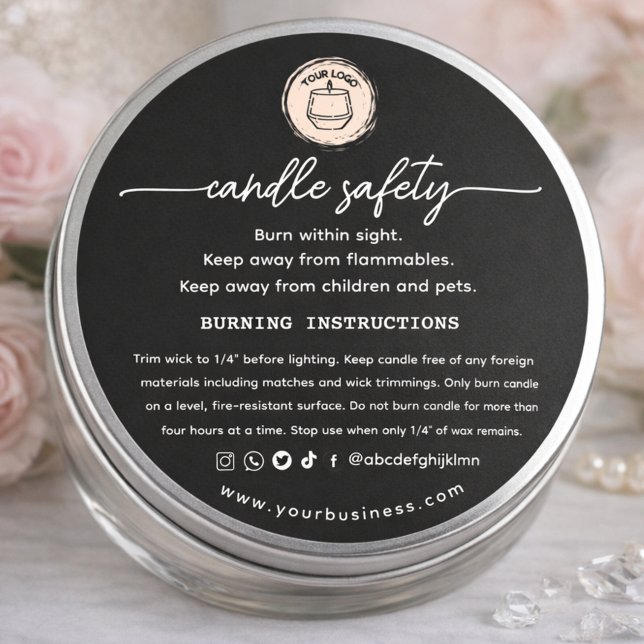 Sticker Rond Add your Logo Elegant Black Candle safety Label (Créateur téléchargé)