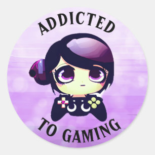 Sticker Rond Addicité au jeu Cute Kawaii Girl Gamer