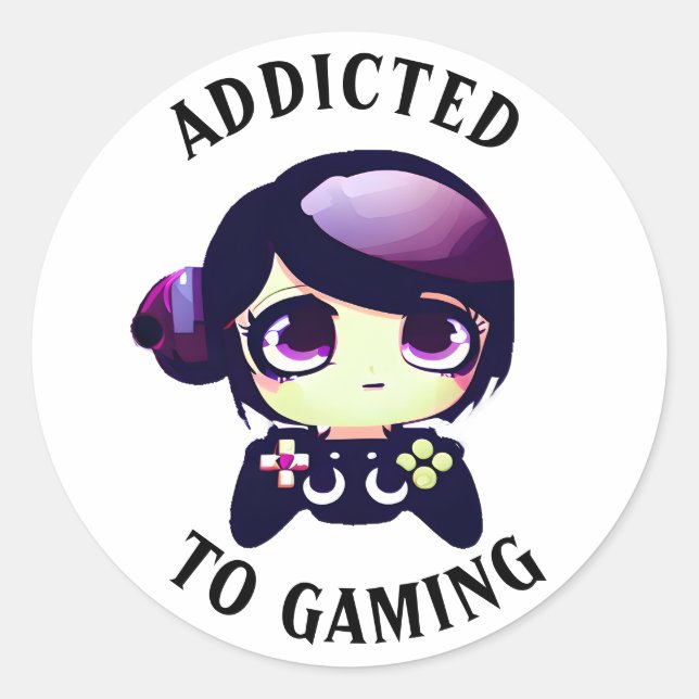Sticker Rond Addicité au jeu | Cute Kawaii Girl Gamer (Devant)