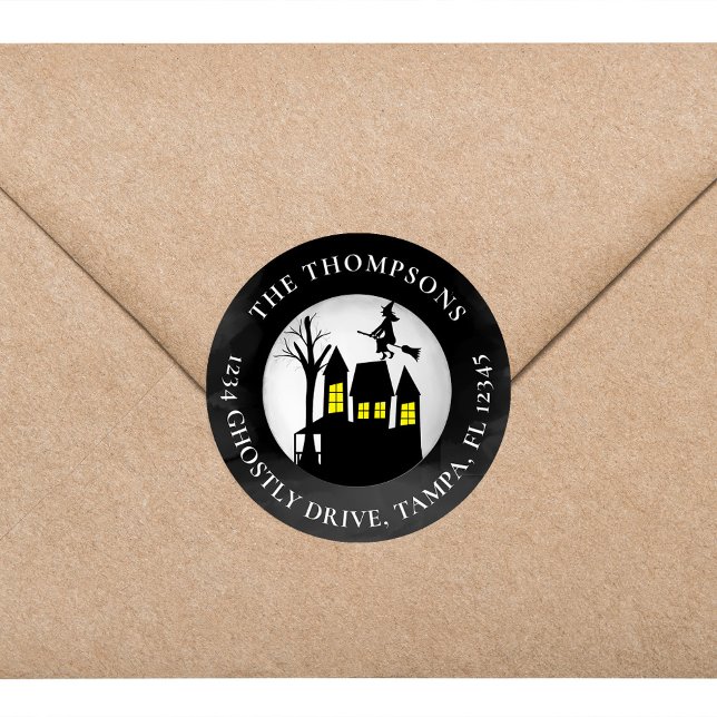 Sticker Rond Address (Halloween witchy return address label with witch and broomstick)