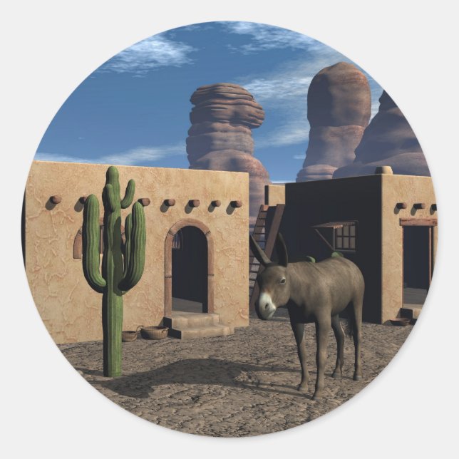 Sticker Rond Adobe Dwellings et Burro (Devant)