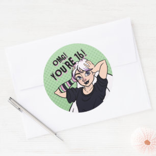 Sticker Rond Adolescente Punk Fille Verte Cartoon 16e Anniversa