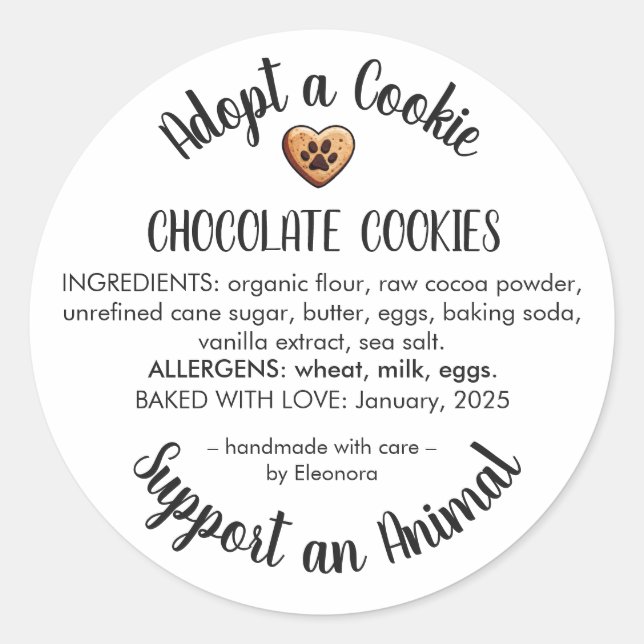 Sticker Rond Adopt a Cookie Animal Rescue Bakery Ingredients (Devant)