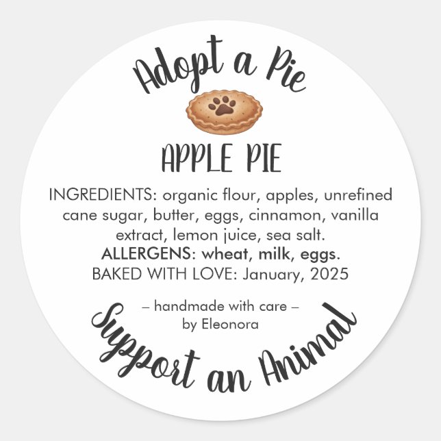 Sticker Rond Adopt a Pie Animal Rescue Bakery Ingredients (Devant)