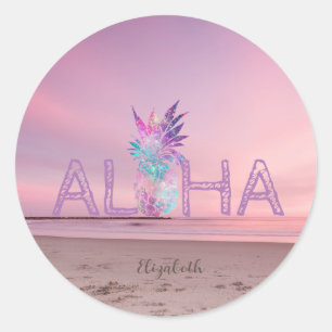 Sticker Rond Adorable Aloha Hawaiian Ananas, Coucher de soleil 