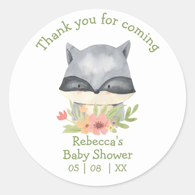 Sticker Rond Adorable Baby Raccoon Baby shower Merci Classi (Devant)