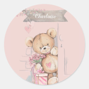 Sticker Rond Adorable Baby shower d'ours en peluche 