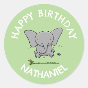 Sticker Rond adorable bébé éléphant anniversaire personnalisé