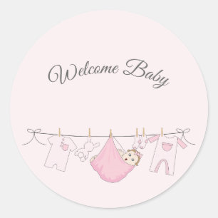 Sticker Rond Adorable bébé fille douche en rose et gris