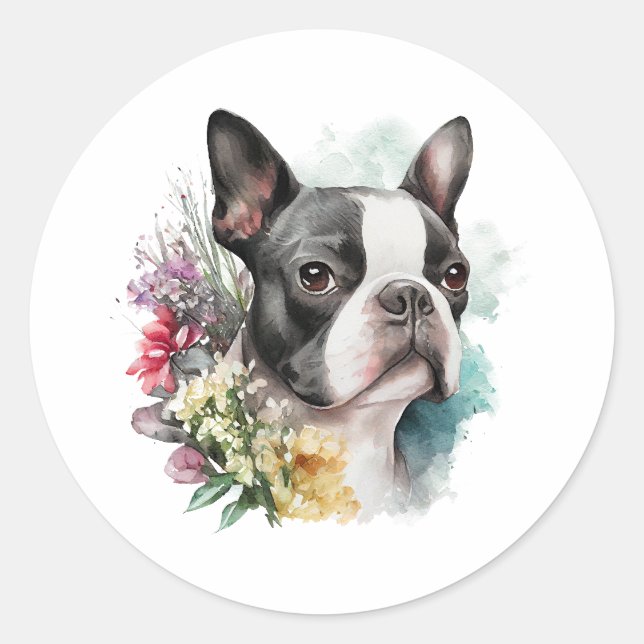 Sticker Rond Adorable Boston Terrier et fleurs (Devant)