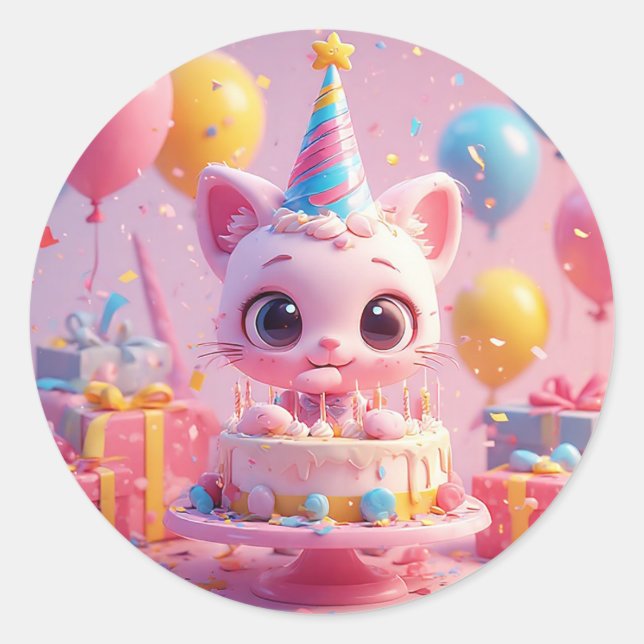 Sticker Rond Adorable chat Animé célébrant un anniversaire (Devant)