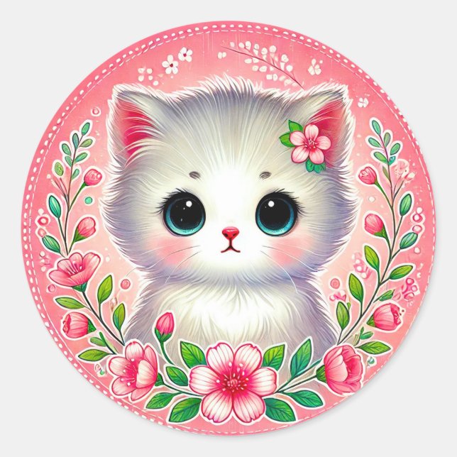 Sticker Rond Adorable chaton blanc entouré de fleurs roses (Devant)