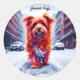 Sticker Rond Adorable chien de rue dans la ville gelée d'hiver