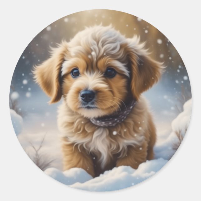 Sticker Rond adorable chiot de Noël dans une nuit de neige (Devant)