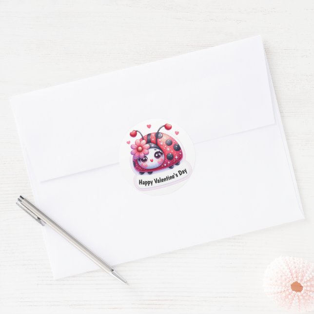 Sticker Rond Adorable Coeur rose Ladybug Saint-Valentin (Enveloppe)
