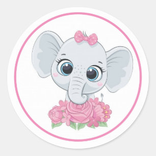 Sticker Rond Adorable Eléphant Aux Fleurs Roses