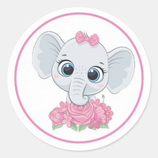 Sticker Rond Adorable Eléphant Aux Fleurs Roses