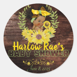 Sticker Rond Adorable fille de bébé ethnique Sunflower jaune