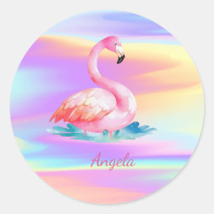 Sticker Rond Adorable Flamants roses roses mignons Holographiqu