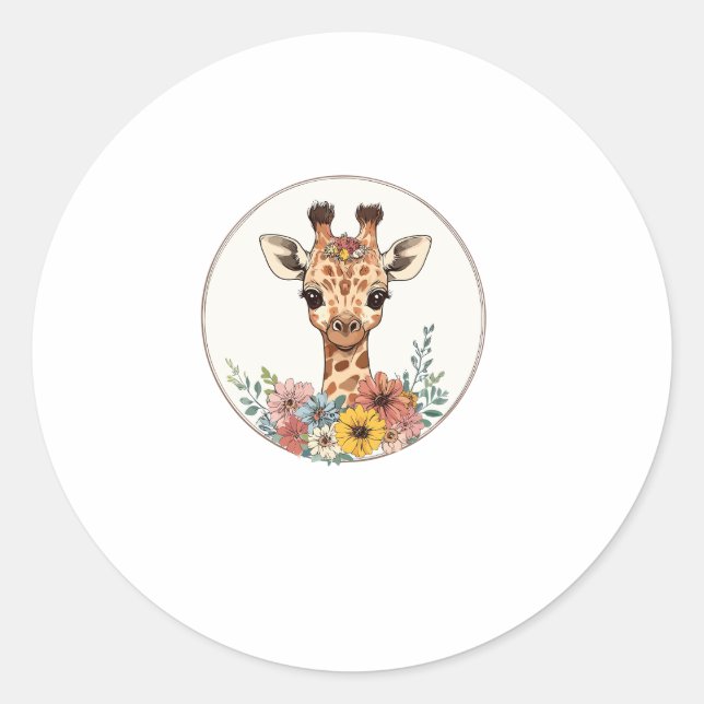 Sticker Rond Adorable Giraffe Aux Fleurs (Devant)