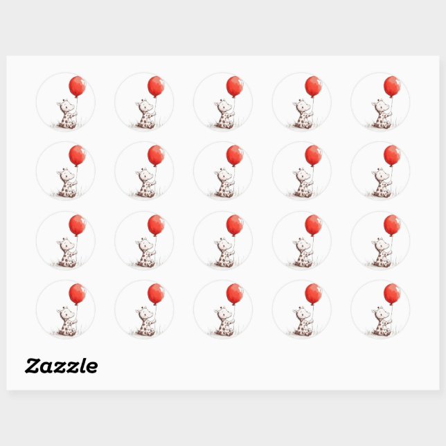 Sticker Rond adorable Giraffe de bébé avec ballon rouge (Feuille)
