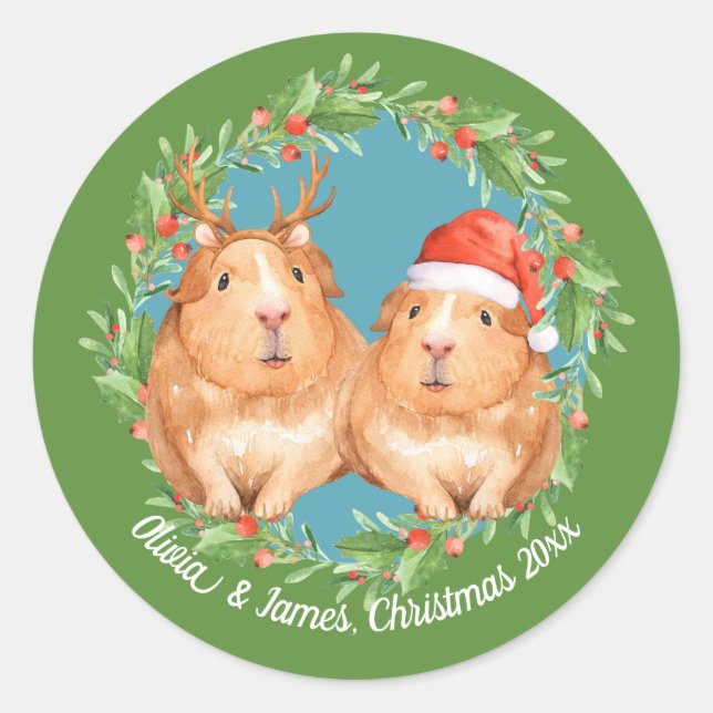 Sticker Rond adorable Guinée Cochon Couple de Noël (Devant)