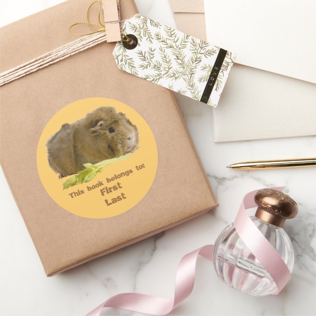 Sticker Rond Adorable Guinée Cochon Mange Céleri Photographie (Cadeaux)