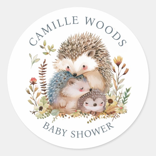 Sticker Rond Adorable Hérisson Famille Baby shower Invitation (Devant)