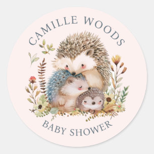 Sticker Rond Adorable Hérisson Famille Baby shower rose
