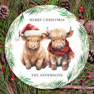 Sticker Rond Adorable Highland Cow Calf Farm Joyeux Noël