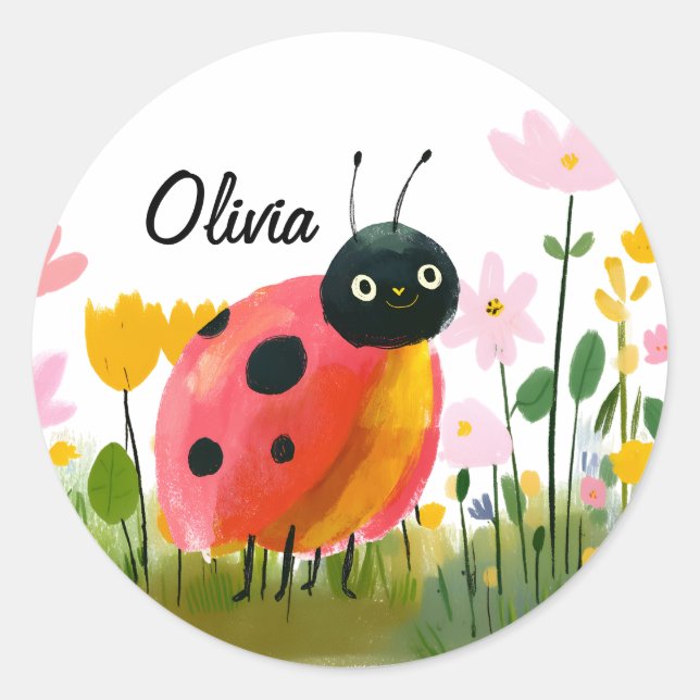 Sticker Rond Adorable Ladybug Girl's Name Wildflowers (Devant)