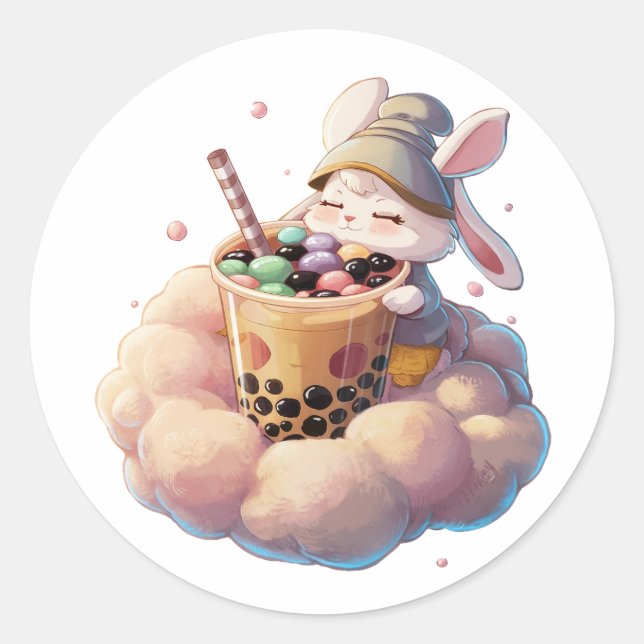 Sticker Rond adorable lapin de dessin : Cosy, Kawaii Vibes (Devant)