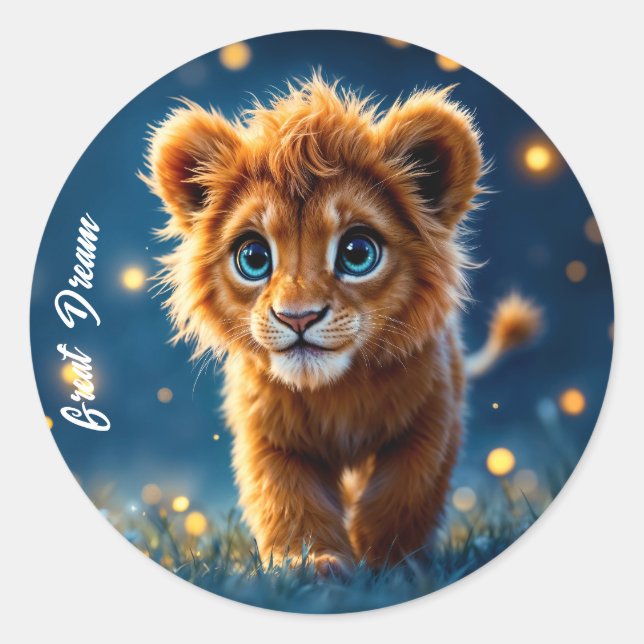 Sticker Rond adorable lionceau de furie aux yeux étincelants (Devant)