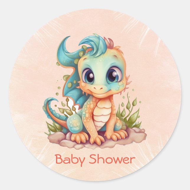 Sticker Rond Adorable Little Dragon Fairytale Boy Baby shower (Devant)