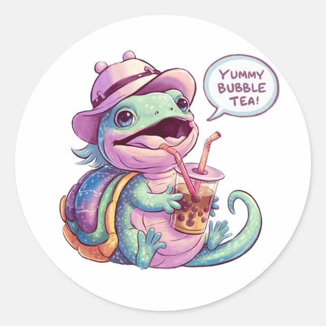 Sticker Rond Adorable Lizard de dessin : Cosy, Kawaii Vibes (Devant)
