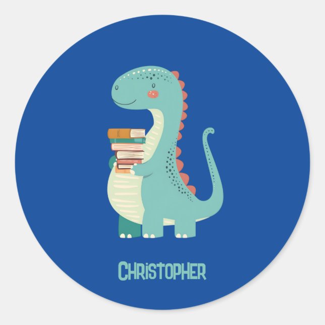 Sticker Rond Adorable Louveur De Livre Dinosaure Avec Nom Enfan (Devant)