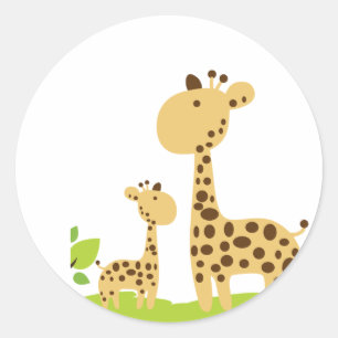Sticker Rond Adorable maman & bébé Giraffe Vert & Jaune